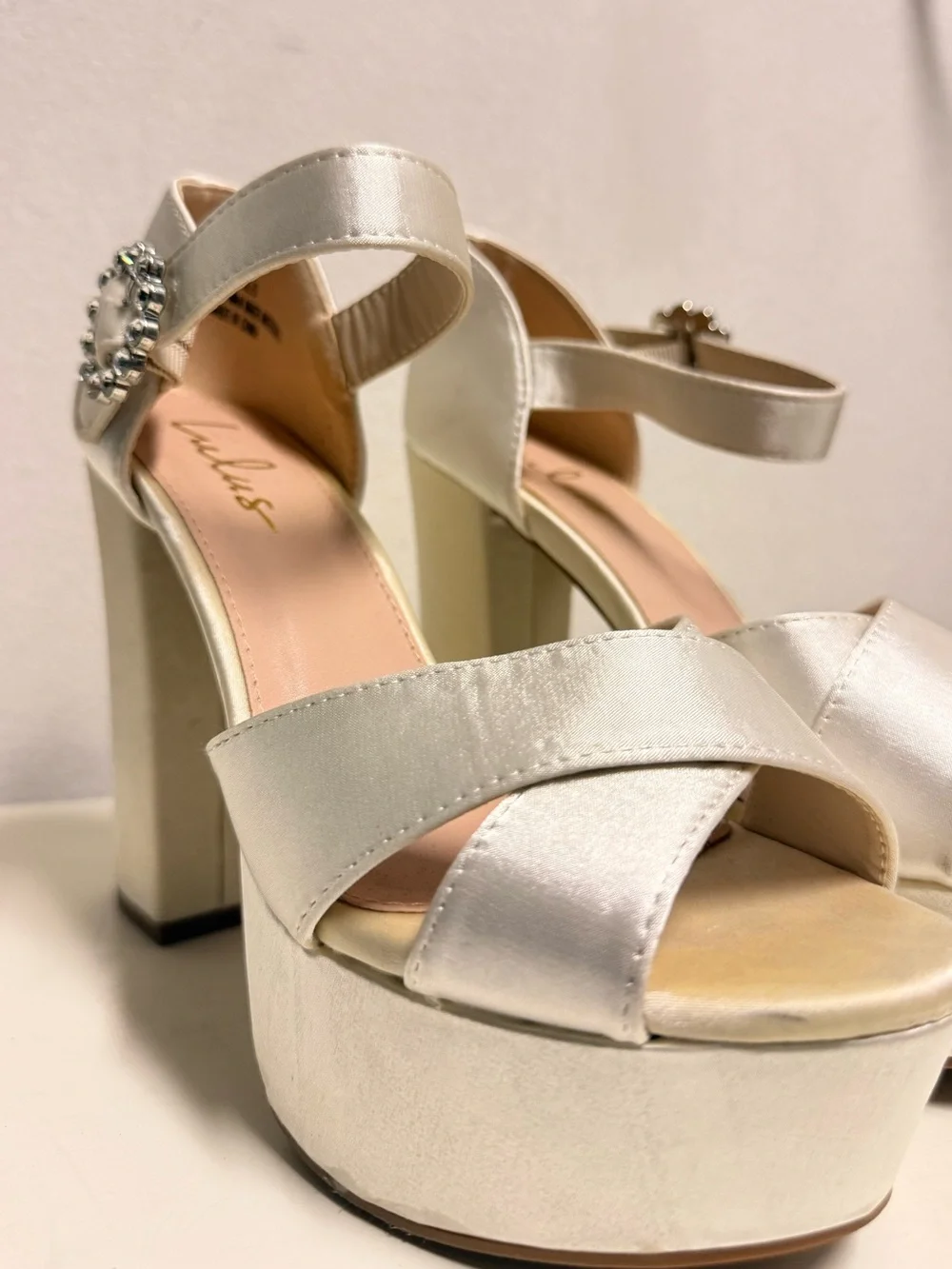 Lulu's Ivory Satin Platform Block Heel Sandals with Rhinestone Buckle
